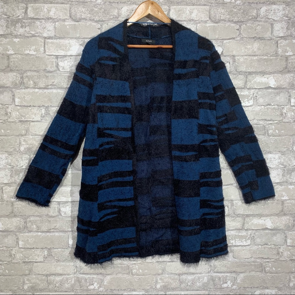 Alfani Women's Eyelash Cardigan. Blue and Black Zebra. Super Soft!! Size Medium